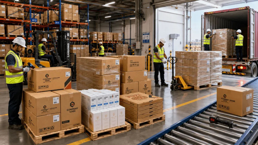 Corrugated boxes loaded for pan-India dispatch at the warehouse