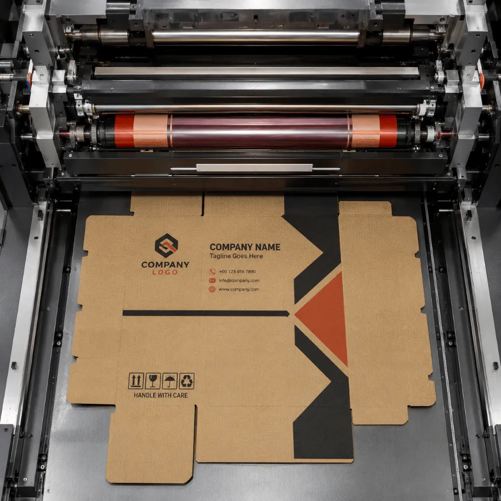 Corrugated box being printed with brand artwork on a flexo printing press
